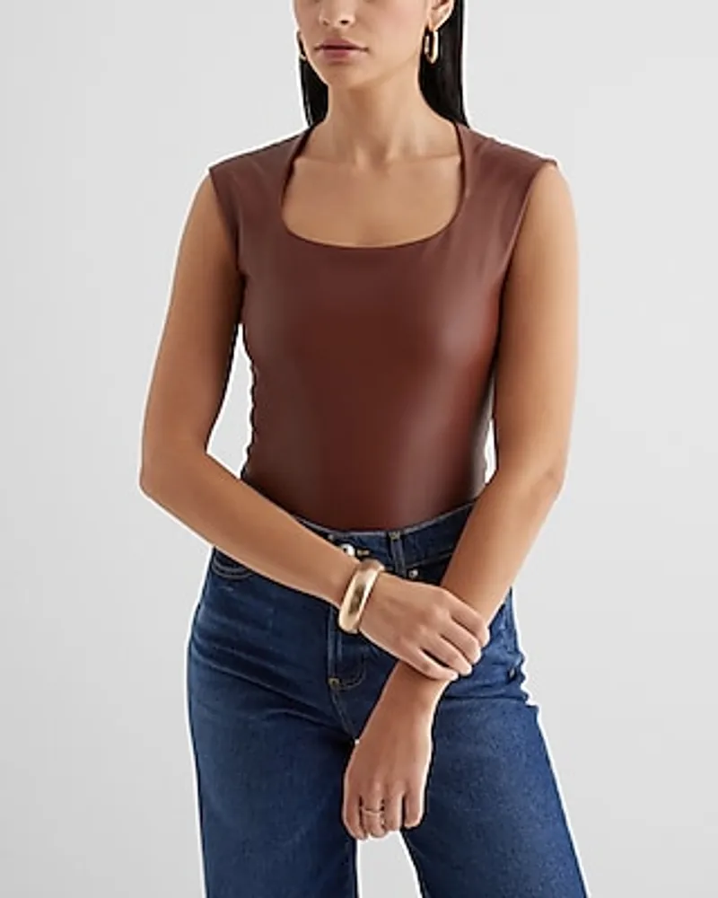 Express Bodycon Faux Leather Scoop Neck Cap Sleeve Bodysuit Brown