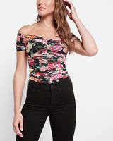 Body Contour Floral Mesh Off The Shoulder Thong Bodysuit