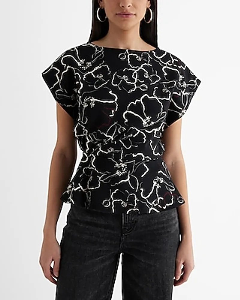 Printed Crew Neck Short Sleeve Draped Peplum Top