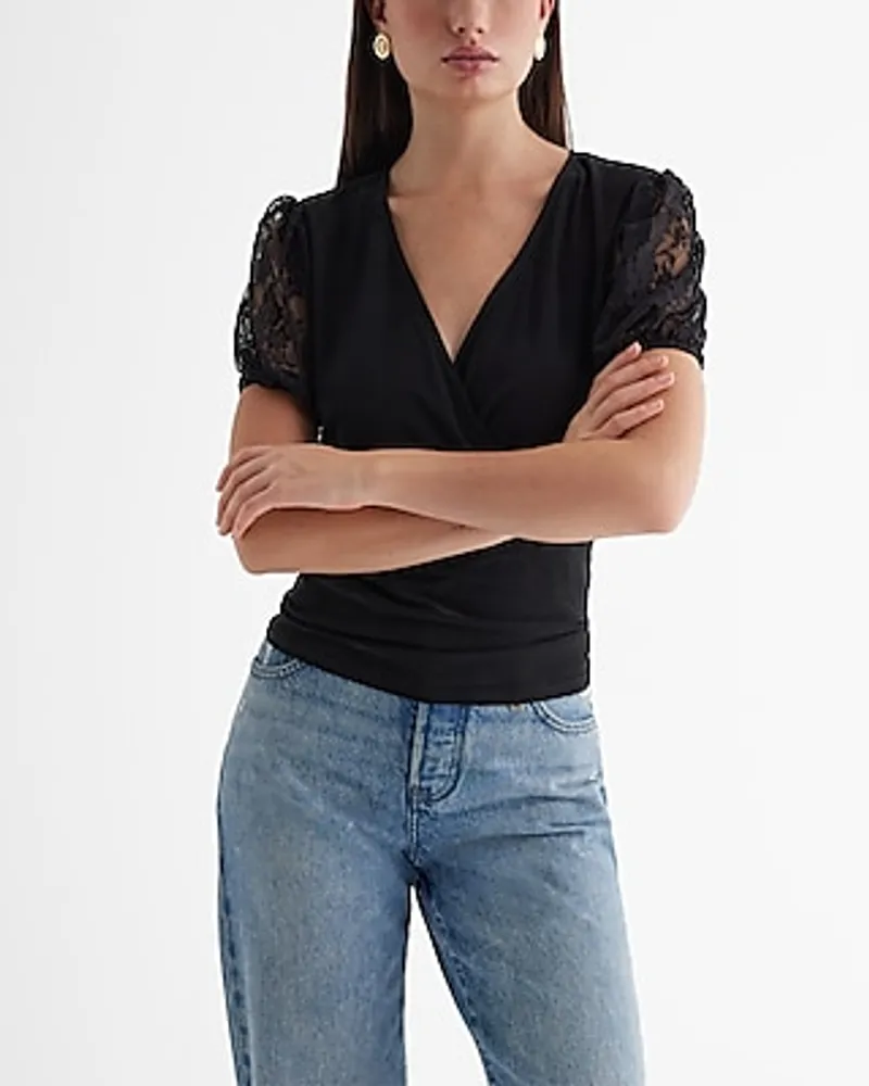 V-Neck Lace Puff Sleeve Surplice Top