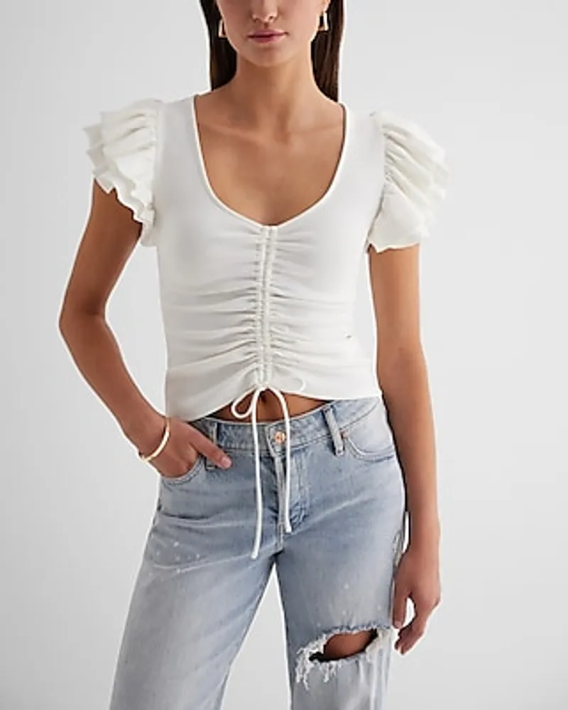 V-Neck Ruffle Sleeve Ruched Tie Tee White Women's XS