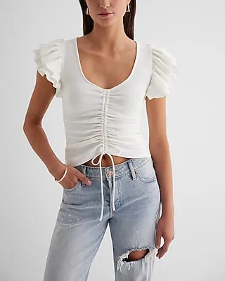 V-Neck Ruffle Sleeve Ruched Tie Tee White Women's XS