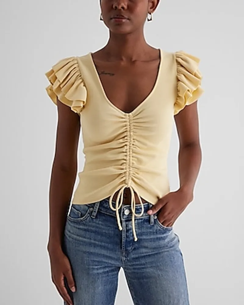 V-Neck Ruffle Sleeve Ruched Tie Tee