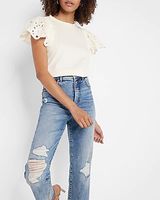 Eyelet Ruffle Sleeve Tee White Women's XS