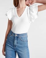 Ribbed V-Neck Ruffle Sleeve Bodysuit White Women's