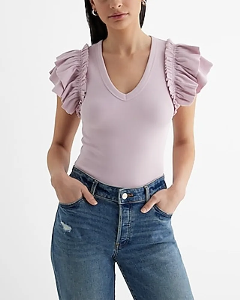 Ribbed V-Neck Ruffle Sleeve Bodysuit Women's