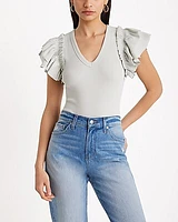 Ribbed V-Neck Ruffle Sleeve Bodysuit Women's