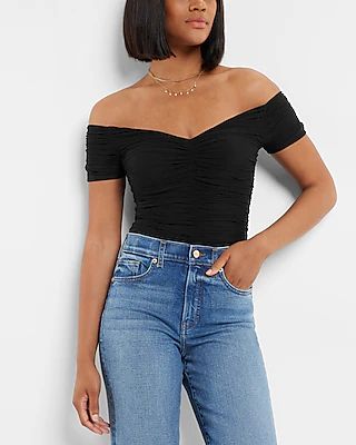 Body Contour Mesh Off The Shoulder Thong Bodysuit Black Women's XS