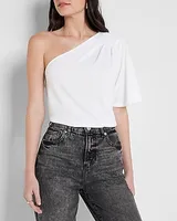 Skimming Linen-Blend Pleated One Shoulder Tee White Women's M