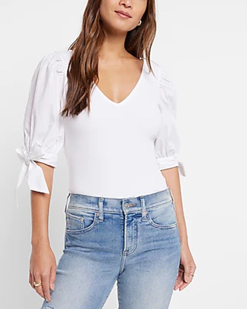 Ribbed Tie Poplin Sleeve Tee