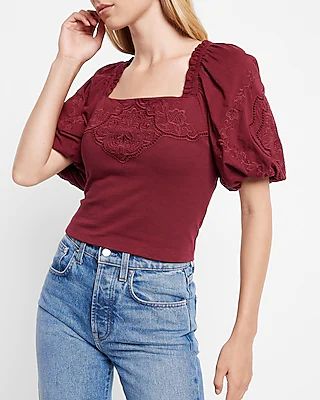Embroidered Square Neck Puff Sleeve Top Red Women's XS