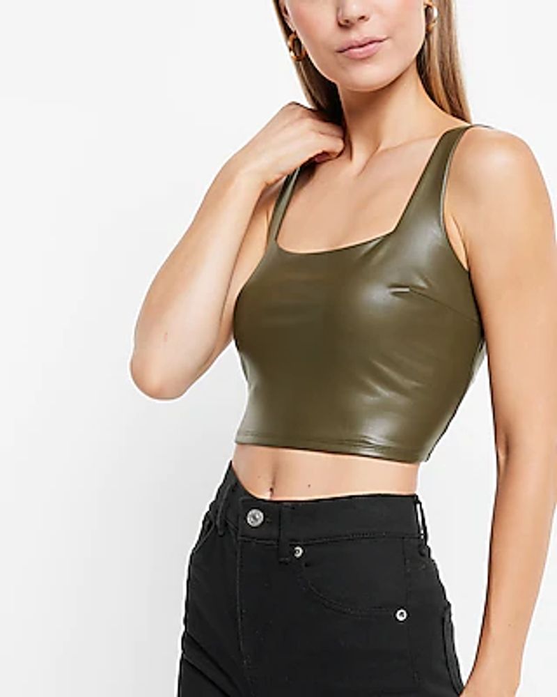 Express Body Contour Faux Leather Square Neck Crop Top Green