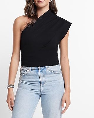 Structured One Shoulder Ponte Crop Top Black Women's XL