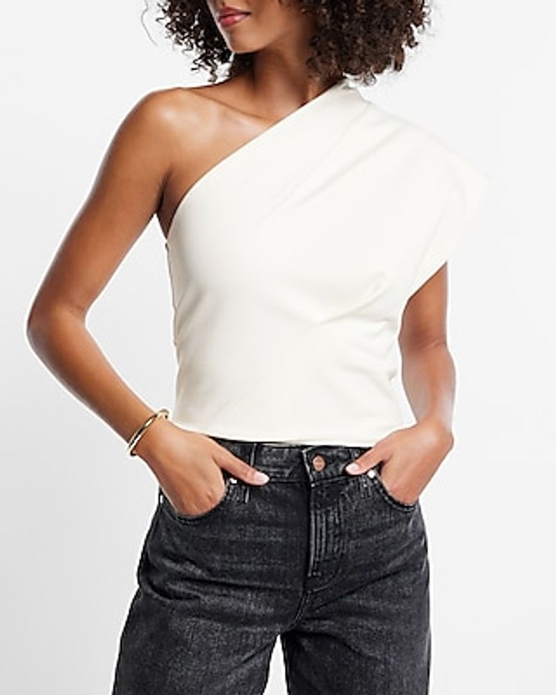 Structured One Shoulder Ponte Crop Top White Women's XL