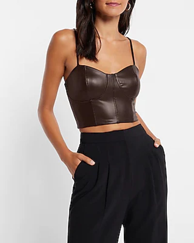 Express Bodycon Faux Leather Corset Crop Top Brown Women's