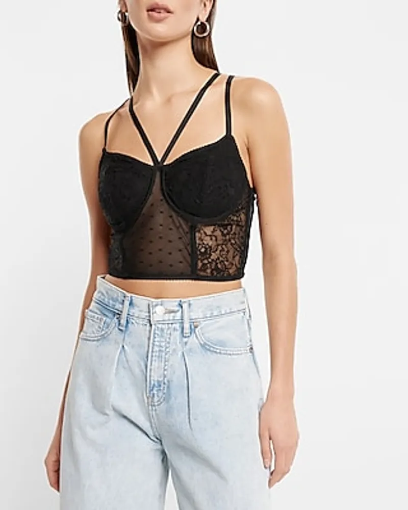 Express Lace Strappy Bustier Crop Top With Bra Cups Black Women's