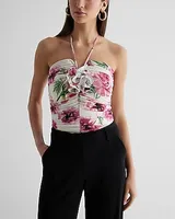 Body Contour Compression Floral Halter Rosette Bodysuit Multi-Color Women's XS