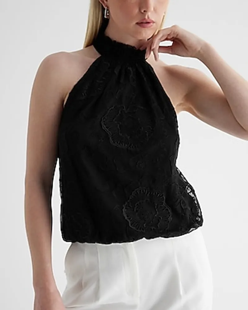Embroidered Lace Halter Neck Top Black Women