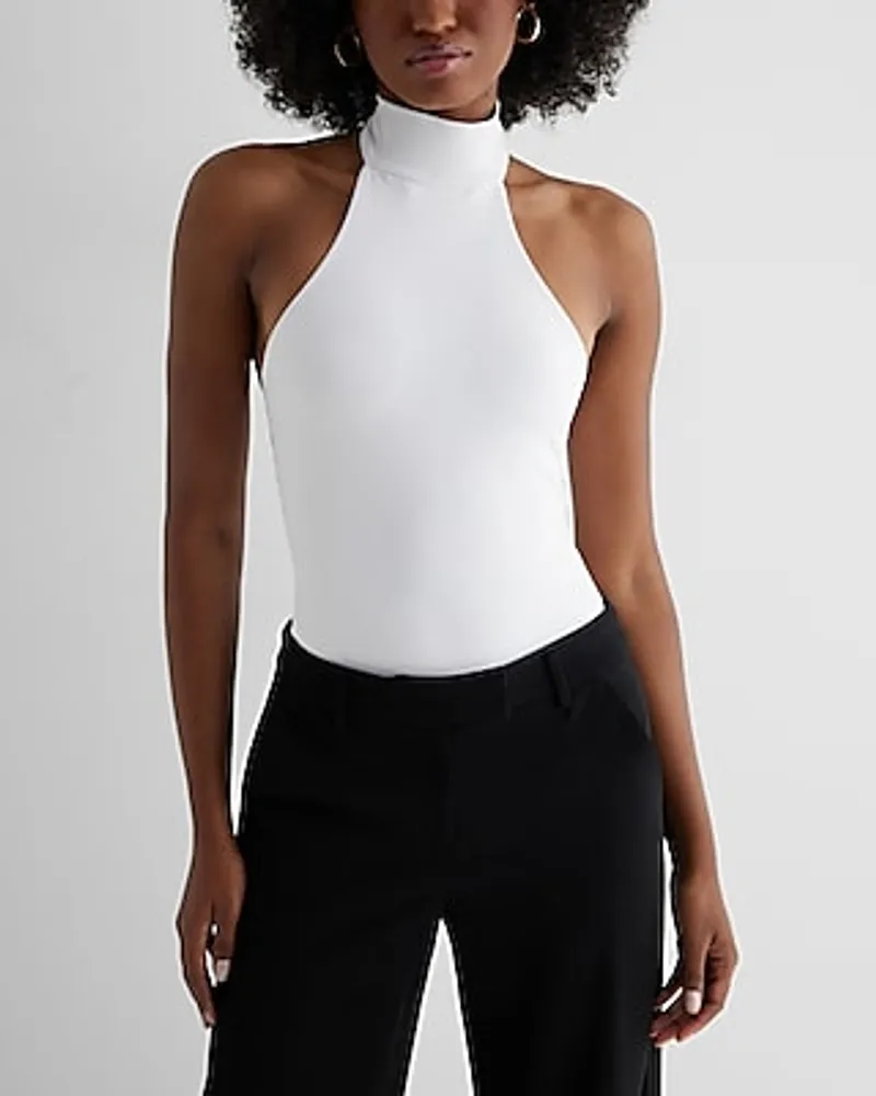Express Body Contour High Compression Mock Neck Halter Bodysuit White  Women's XL