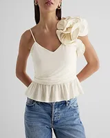 V-Neck One Shoulder Rosette Peplum Cami White Women's XS