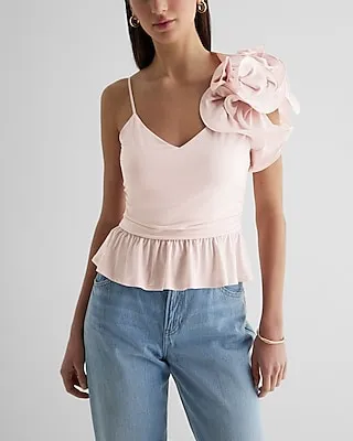 V-Neck One Shoulder Rosette Peplum Cami Pink Women's XL