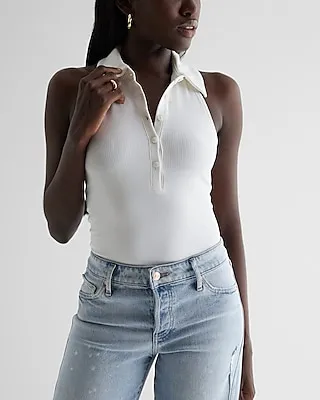 Ribbed Halter Neck Henley Polo Bodysuit