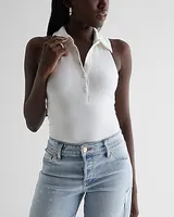 Ribbed Halter Neck Henley Polo Bodysuit White Women's