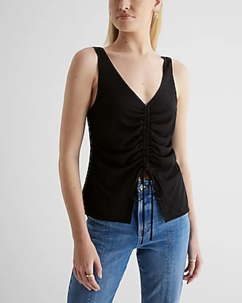 V-Neck Ruched Split Hem Tie Tank Black Women's XS