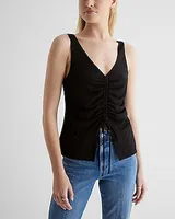 V-Neck Ruched Split Hem Tie Tank Black Women's XS