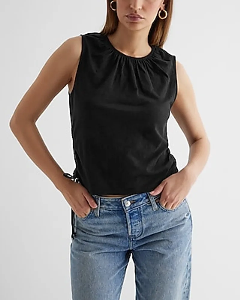 Gathered Crew Neck Side Tie Cutout Copped Tank Women