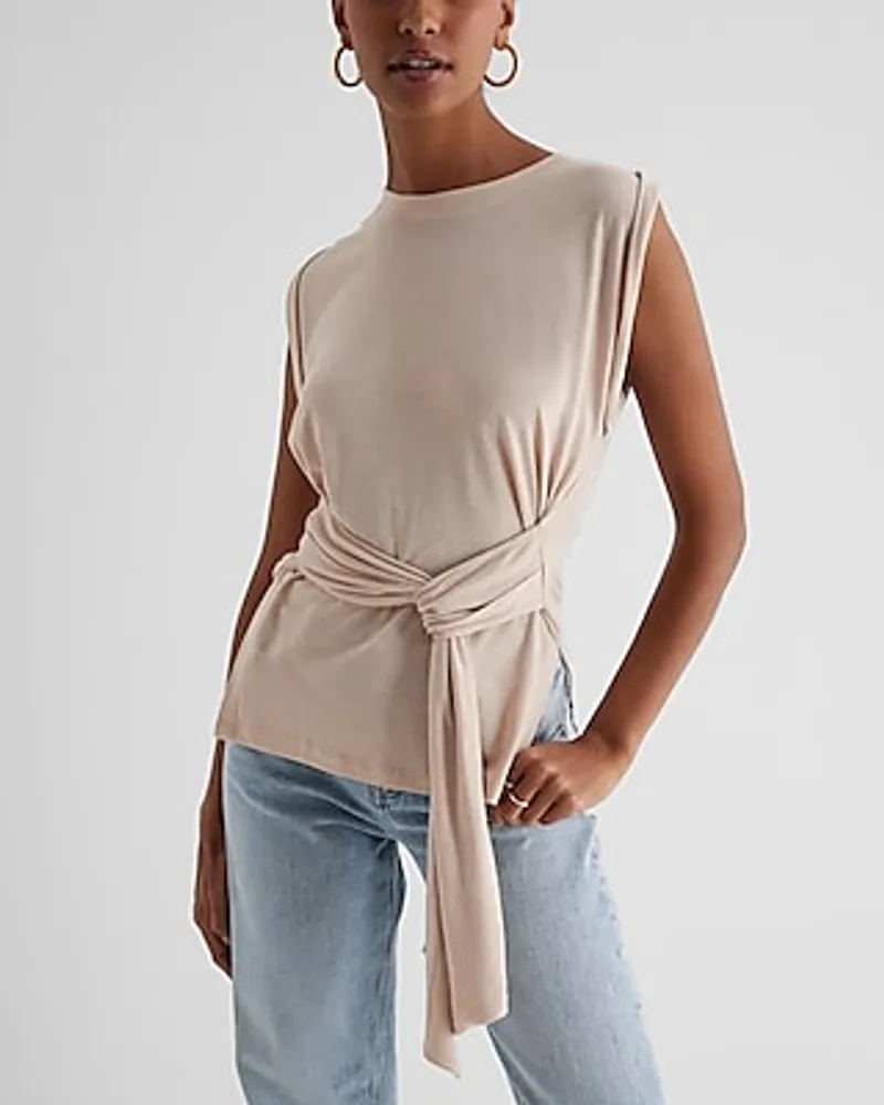 Linen-Blend Tie Waist Muscle Tank Neutral Women's XS