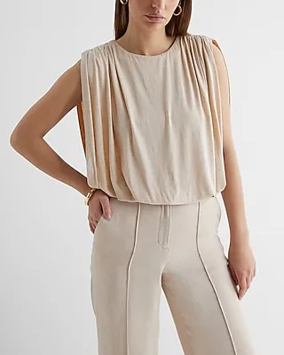 Skimming Linen-Blend Ruched Shoulder Bubble Tank Neutral Women's M