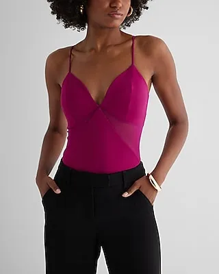 Body Contour High Compression V-Neck Mesh Cutout Bodysuit Pink Women's XS
