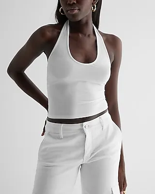 Fitted Ribbed Halter Neck Crop Top White Women