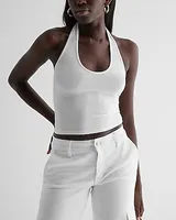 Fitted Ribbed Halter Neck Crop Top White Women's