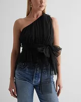 Tulle One Shoulder Peplum Top Black Women's XL