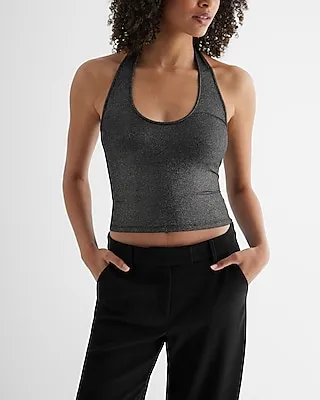 Ribbed Shine Fitted Halter Neck Crop Top Black Women's XL