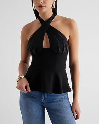 Organza Statement Bow Halter Peplum Tank Black Women's XS