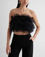 Mesh Ruffle Crop Tube Top Black Women's XS