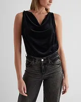 Skimming Velvet Double Cowl Neck Sleeveless Bodysuit Black Women's L