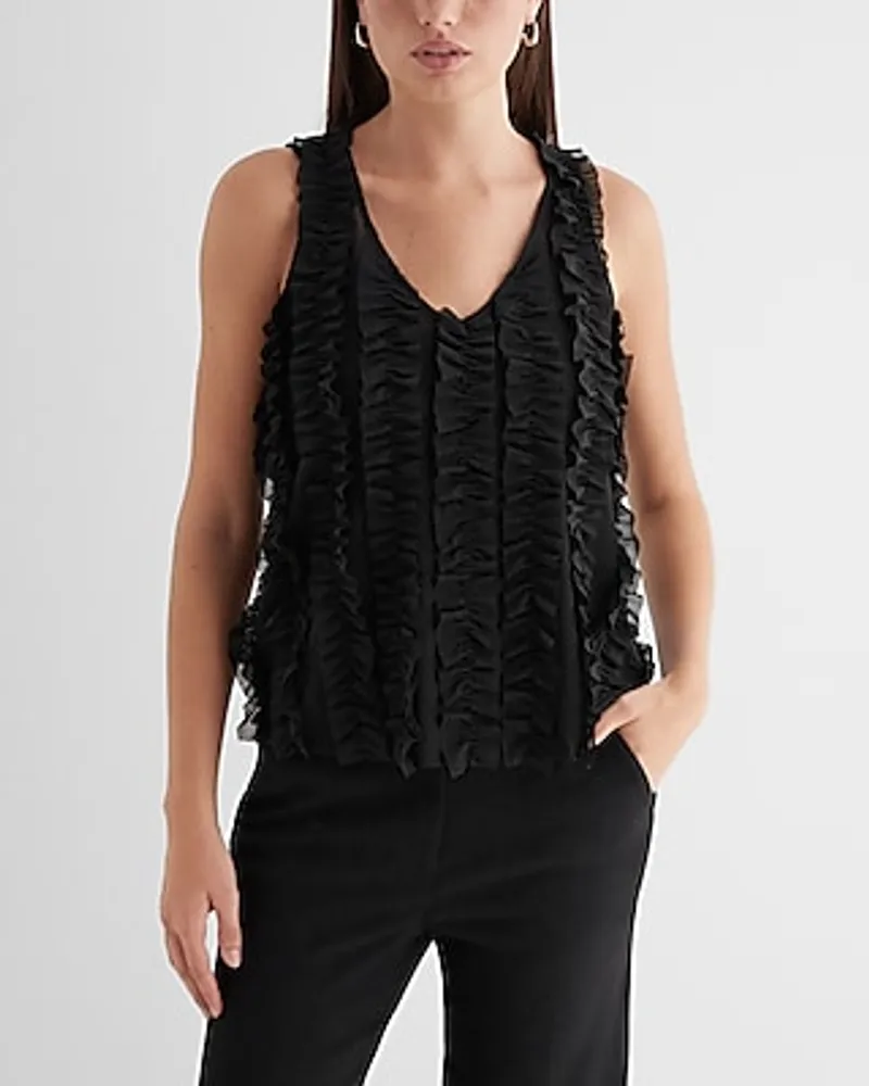 Skimming Sheer Mesh V-Neck Ruffle Tank