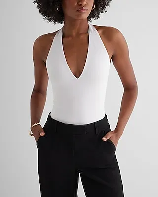 Body Contour High Compression Deep V-Neck Halter Bodysuit White Women's XL