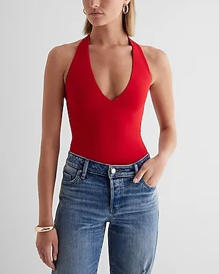 Body Contour High Compression Deep V-Neck Halter Bodysuit Red Women's XL