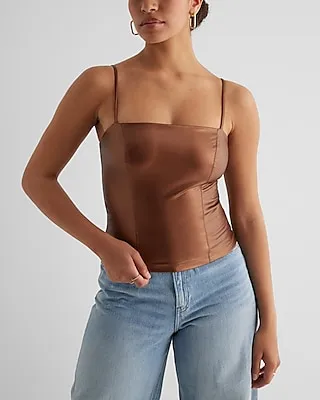 Body Contour Metallic Faux Leather Square Neck Crop Top Brown Women's M