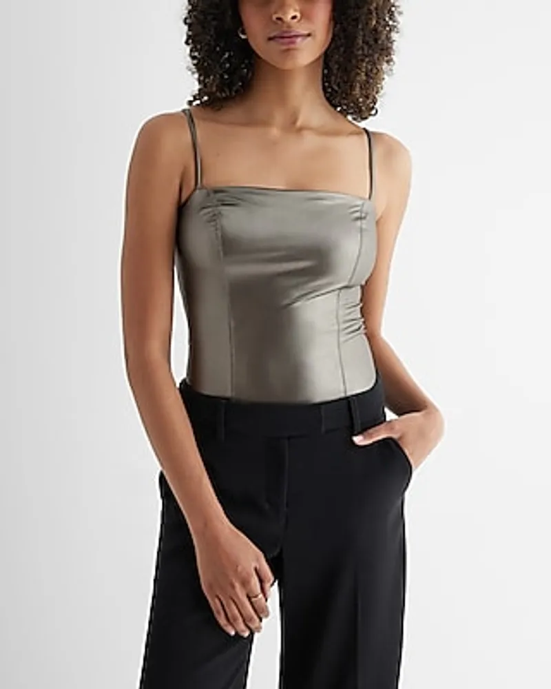 Body Contour Metallic Faux Leather Square Neck Crop Top Silver Women's M