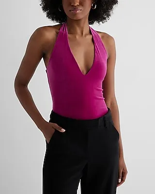 Body Contour Velvet Deep V-Neck Halter Bodysuit Pink Women's L