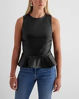 Faux Leather Crew Neck Peplum Tank Black Women's XS