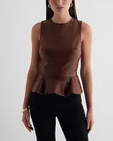 Faux Leather Crew Neck Peplum Tank Brown Women's XS