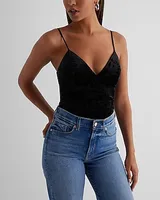 Body Contour Crushed Velvet V-Neck Bustier Bodysuit Black Women's M