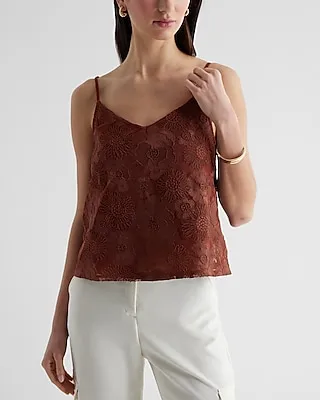 Embroidered Floral Mesh V-Neck Cami Brown Women's